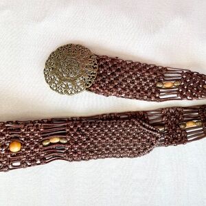 VINTAGE DARK LEATHER MACRAME BELT XL 3” MANDALA BUCKLE BEAD ACCENTS 2.5” x 36”